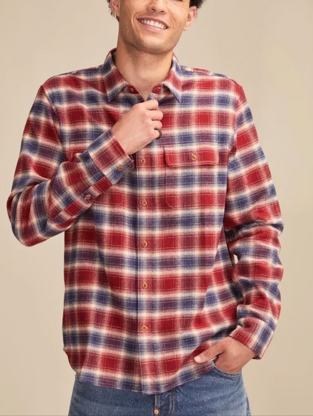 NWT Lucky Brand Men's CloudSoft Red & Blue Plaid Button-Up Flannel Shirt, Size S